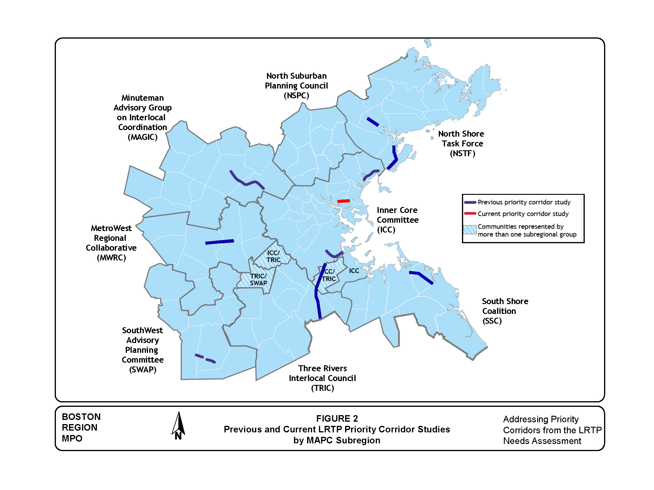 Figure 2
Figure 2 is a computer-drawn map that shows the subregions of the Boston Region Metropolitan Planning Organization area and the locations of previous and current priority corridor studies.

